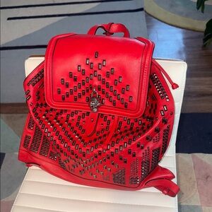 Authentic Alexander McQueen Red Studded Leather Backpack.